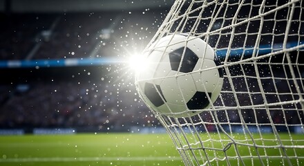 Soccer ball flying into goal net with water splashes on a sunny day