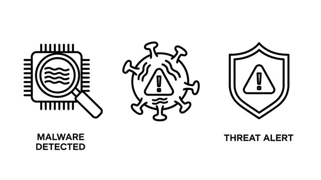 Malware detected virus threat security alert icons for cybersecurity and system protection with magnifying glass icon set detected security cybersecurity protection exclamation infection