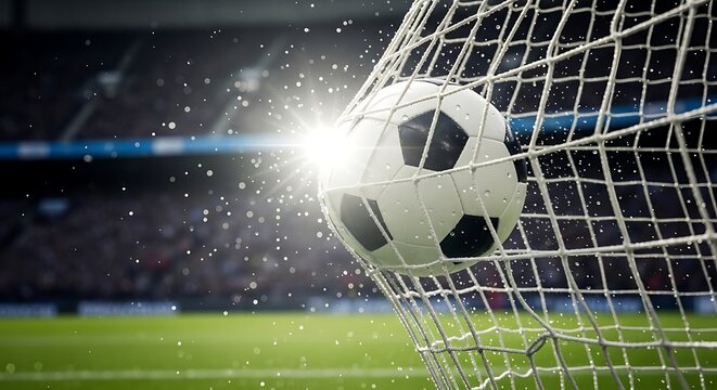 Soccer ball flying into goal net with water splashes on a sunny day