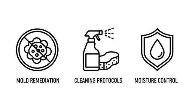 Outline icons set for mold remediation cleaning protocols moisture control services black and white air quality home improvement remediation cleaning protocols moisture bacteria