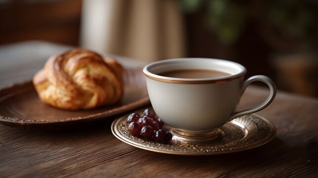 A warm rustic setup featuring a cup of coffee and golden baked pastries on a weathered wooden table