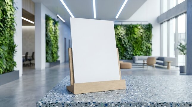 Blank vertical flyer mockup in a wooden stand on a terrazzo table in a modern eco-friendly office lobby