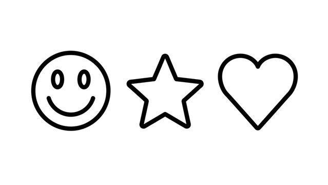 Universal symbol icon set featuring classic smiley face five pointed star and heart shapes for feedback and rating feedback favorite satisfaction appreciation interface collection minimalist