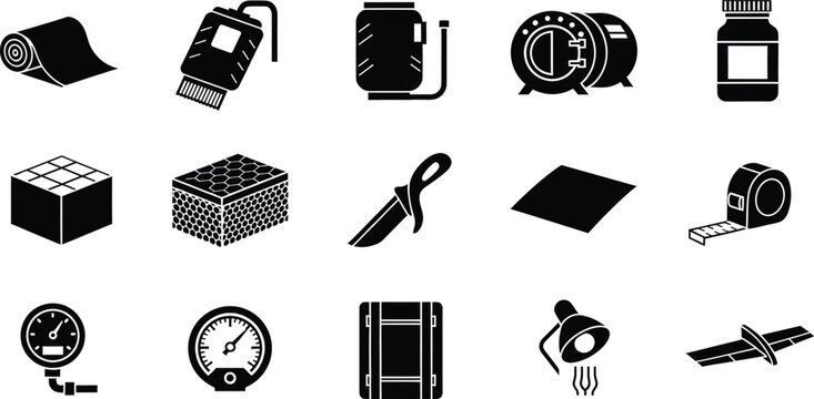 Set of construction and industrial equipment icons in black silhouette style