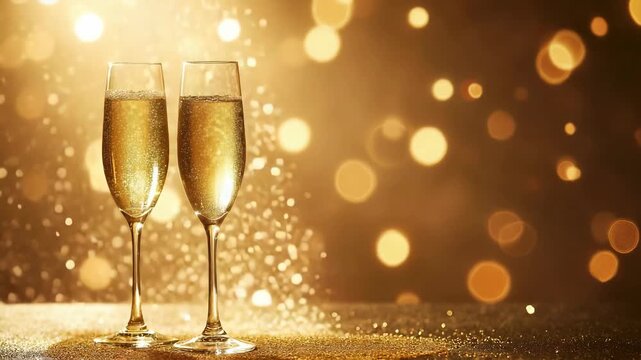 Two champagne flutes glow with golden bubbles against festive bokeh lights. Sparkling particles float around the glasses. The scene radiates luxury and celebration