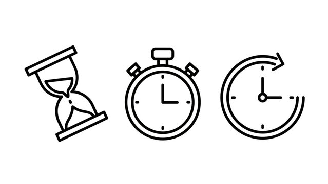 Time measurement and management icons set showing a classic sand hourglass a stopwatch timer and a clock face with a circular progress arrow stopwatch hourglass management countdown schedule