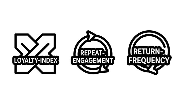 Customer loyalty and retention icons including loyalty index repeat engagement and return frequency symbols for business analytics and marketing strategy with engagement frequency business customer