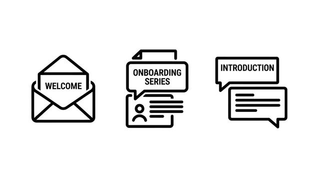 Welcome email onboarding and introduction chat icons set with onboarding introduction communication interface business training information guidance marketing development registration