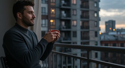 Fototapeta premium Man holding warm tea on balcony in blue dusk light with city buildings behind