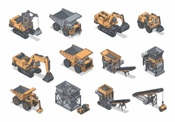 Collection of isometric construction and mining vehicles and equipment. © berkah nikah