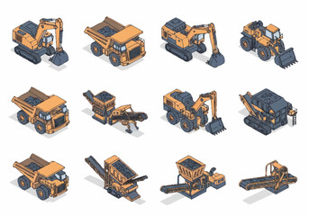 Collection of Isometric Construction and Mining Heavy Equipment Vehicles. © berkah nikah