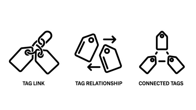 Set of tagging and labeling outline icons showing tag link relationship and connected tags concept with relationship connected metadata classification indexing organizing connection interaction