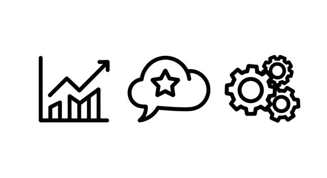 Set of business growth and development outline icons featuring financial chart star speech bubble and cogwheels business development financial progress interface performance feedback strategy