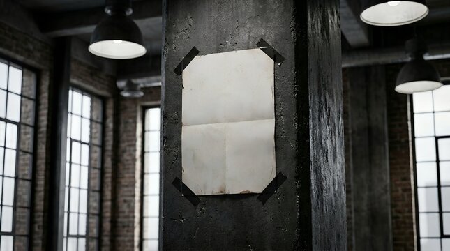 Blank folded poster mockup taped to a dark grunge concrete pillar in an industrial interior