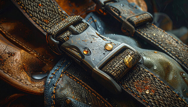 Close-up of textured straps and metal buckles