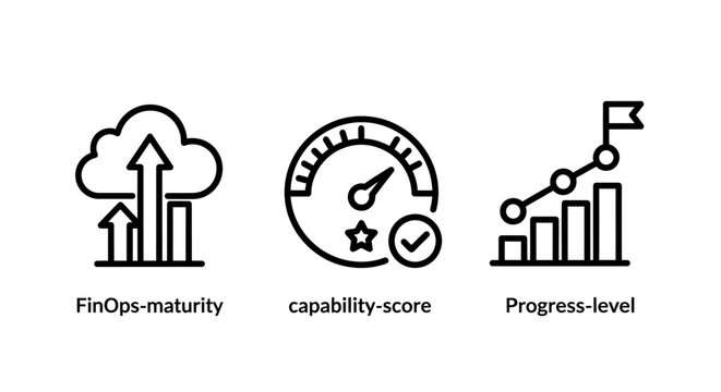 Fin ops maturity capability score and progress level performance icons set business intelligence maturity capability progress performance business optimization management analytics strategic