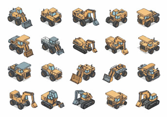 Obraz premium Collection of isometric construction vehicles and heavy machinery.