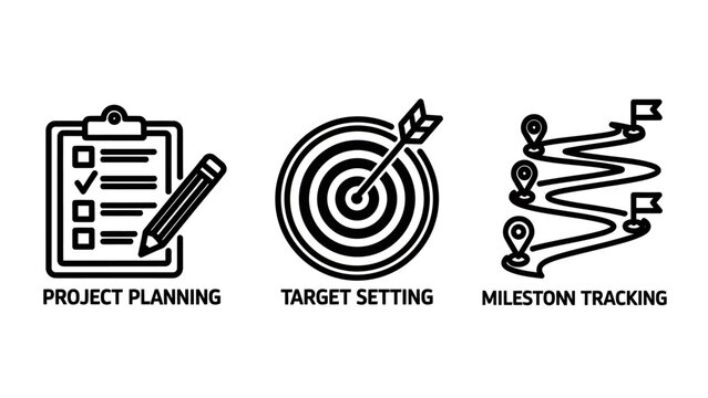Project planning target setting and milestone tracking icons with planning milestone tracking checklist clipboard dartboard business management strategy productivity execution achievement