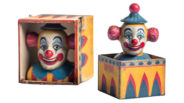 toy cutout of vintage jack-in-the-box with clown figure, playful retro toy with colorful painted detail, sharp focus, clean edges high definition, isolated on white background