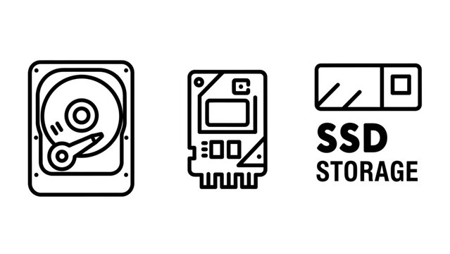 Hard drive hardware and ssd storage icons set with hardware computer component technology electronic internal information capacity processor minimalist infrastructure performance computing