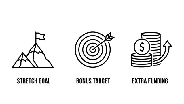 Business growth concepts: stretch goal bonus target extra funding icons business marketing strategy mountain investment development planning achievement accumulation economic bullseye