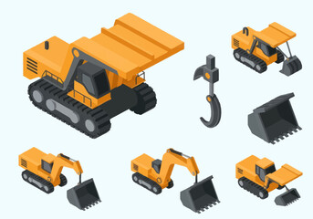 Construction Vehicles Set Isometric Yellow Machines. © berkah nikah