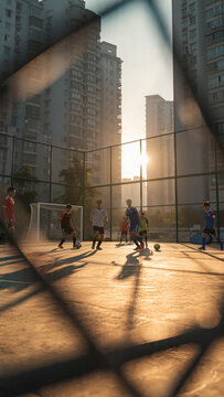 Young people play soccer on urban fields.