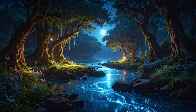 Enchanted forest river with moonlight glow
