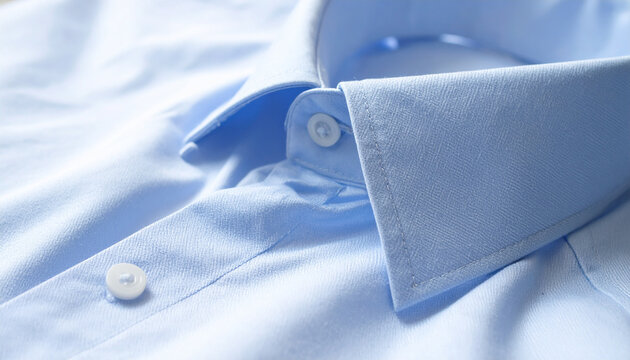 Close-up blue dress shirt collar and buttons