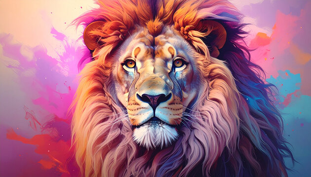 Colorful lion portrait with vibrant mane
