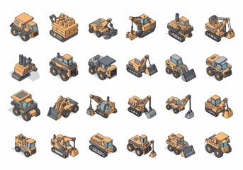 Obraz premium Collection of isometric construction vehicles and heavy machinery illustrations.