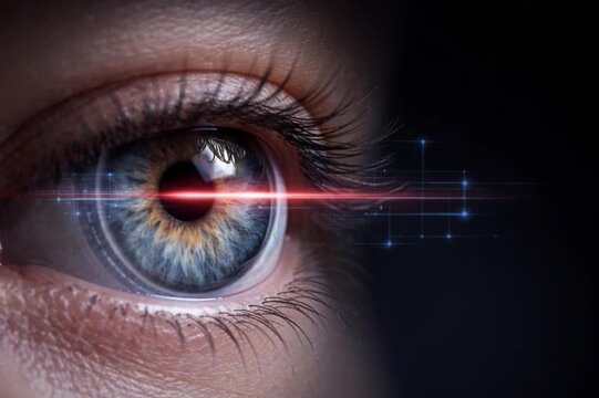 Eye iris scan biometric technology vision security retina laser ophthalmology concept for cyber identity diagnostics