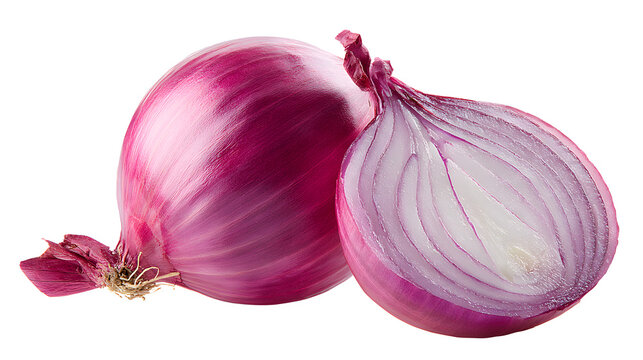 vegetable cutout of red onion with papery outer skin and sliced cross-section detail, sharp focus, clean edges high definition, isolated on white background