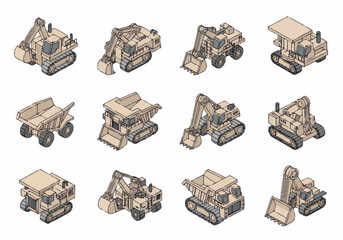 Collection of isometric construction vehicles and heavy machinery illustrations. © berkah nikah