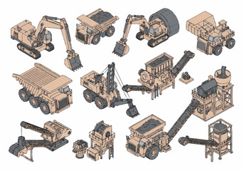 Collection of construction and mining heavy machinery equipment isometric illustrations. © berkah nikah