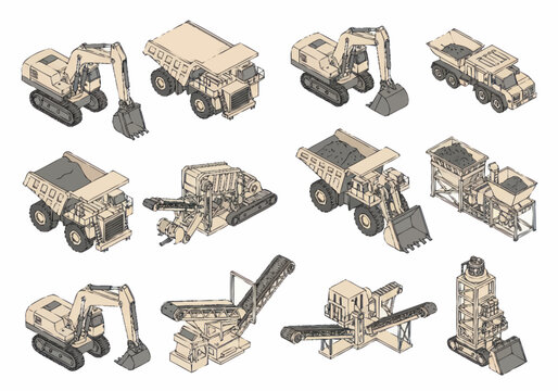 Collection of isometric construction and mining vehicles.