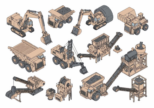 Collection of construction and mining heavy machinery equipment isometric illustrations.