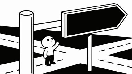 A tiny figure stands at a crossroads, looking up at a blank signpost, contemplating life choices and future directions © MuhammadHaris