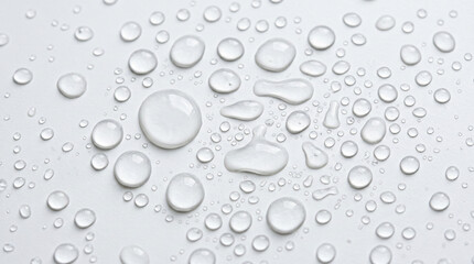 Fototapeta na wymiar Abstract pattern of clear transparent water drops and droplets on a light gray smooth surface, background for purity and freshness concept as PNG asset