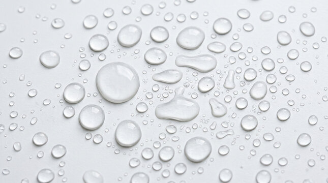 Abstract pattern of clear transparent water drops and droplets on a light gray smooth surface, background for purity and freshness concept as PNG asset