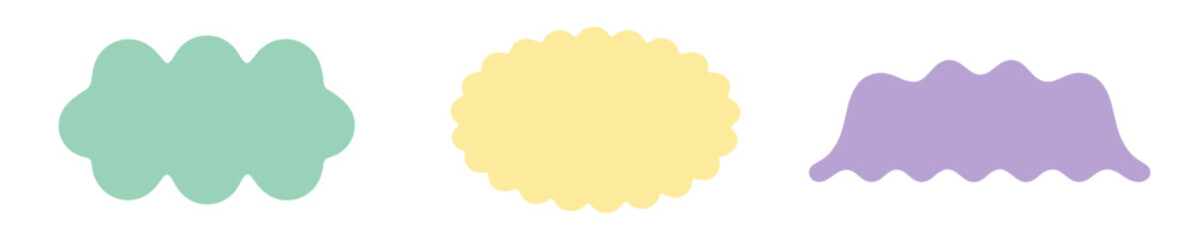 Fototapeta premium Three decorative label shapes: teal cloud, yellow oval, and purple wavy banner on white background. Perfect for tags, badges, and design elements.