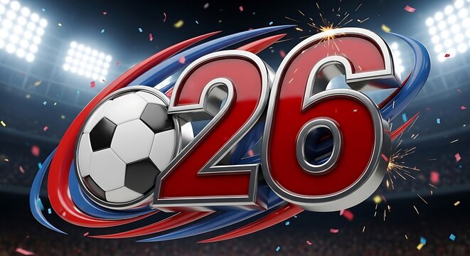 Vibrant soccer number 26 graphic with ball and confetti in stadium