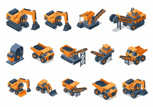 Collection of Isometric Construction Vehicles and Heavy Machinery.