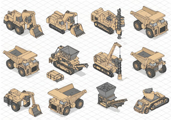 Collection of isometric construction vehicles and heavy machinery. © berkah nikah
