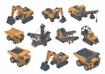 Collection of isometric construction and mining vehicles. © berkah nikah