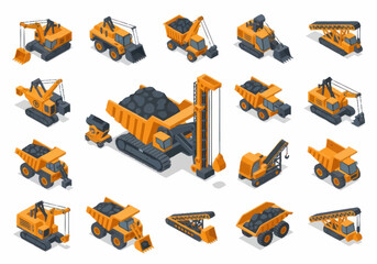 Collection of Isometric Construction and Mining Heavy Machinery Vehicles. © berkah nikah