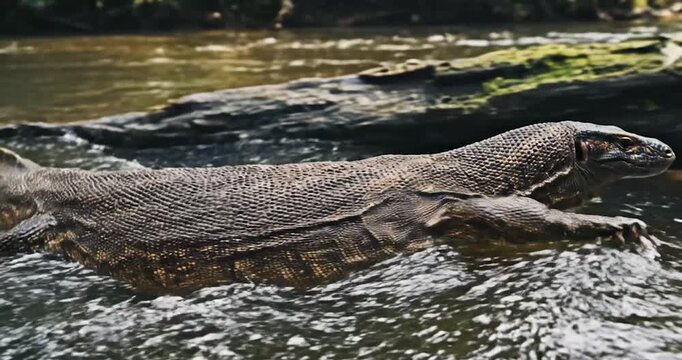 Large Asian water monitor lizard swimming through a jungle river flow