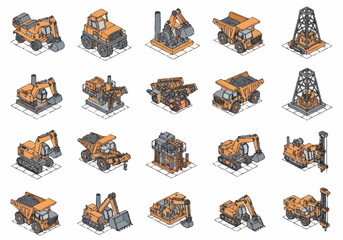 Collection of Isometric Construction and Mining Heavy Equipment Icons. © berkah nikah