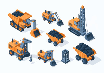 Collection of mining construction heavy machinery vehicles isometric illustration. © berkah nikah