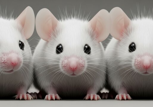 Three White Laboratory Mice Posing on Plain Background for Biotech and Medical Research Testing Concept